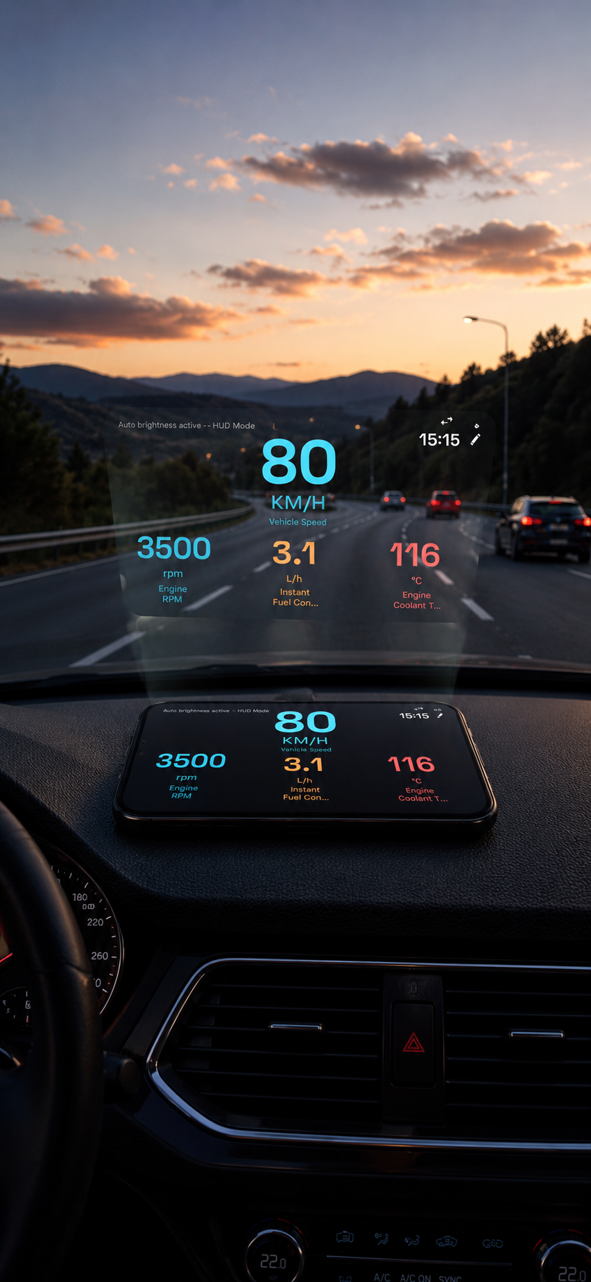 DriveSense HUD mode reflected on a windshield at dusk